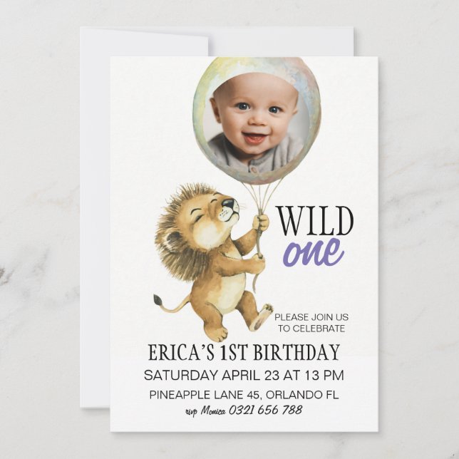 Wild One Birthday Invitation, Lion 1st Birthday  Invitation (Front)