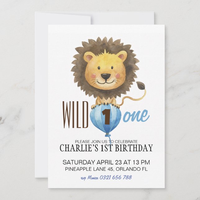 Wild One Birthday Invitation, Lion 1st Birthday  Invitation (Front)