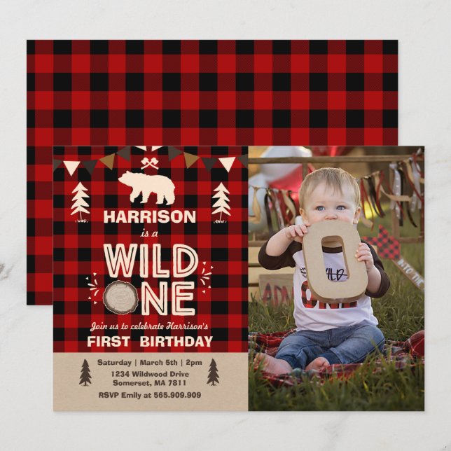 Wild One Birthday Invitation Lumberjack Wild One (Front/Back)