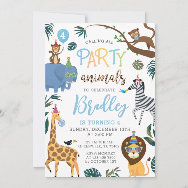 Wild One Birthday Invitation Party Animals (Front)