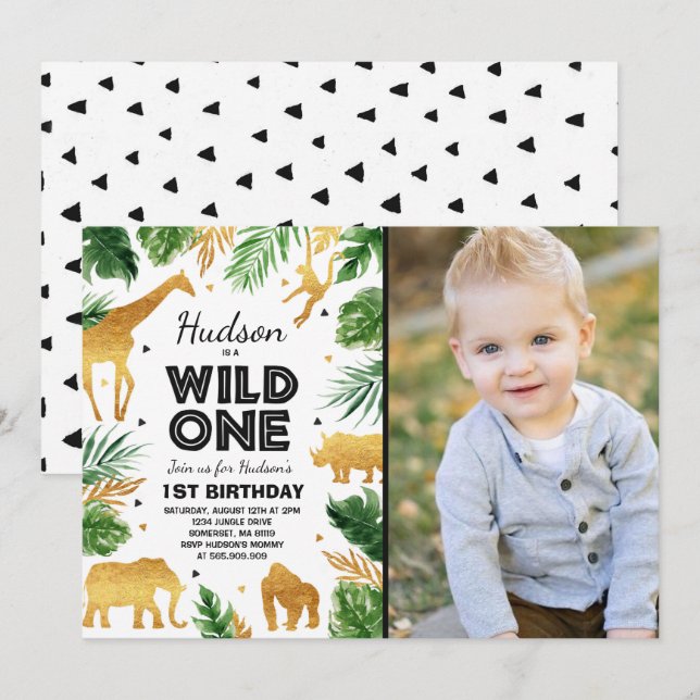 Wild One Birthday Invitation Safari Animals Party (Front/Back)