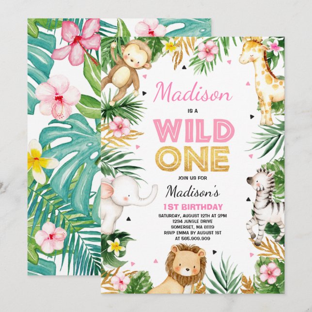 Wild One Birthday Invitation Safari Animals Party (Front/Back)