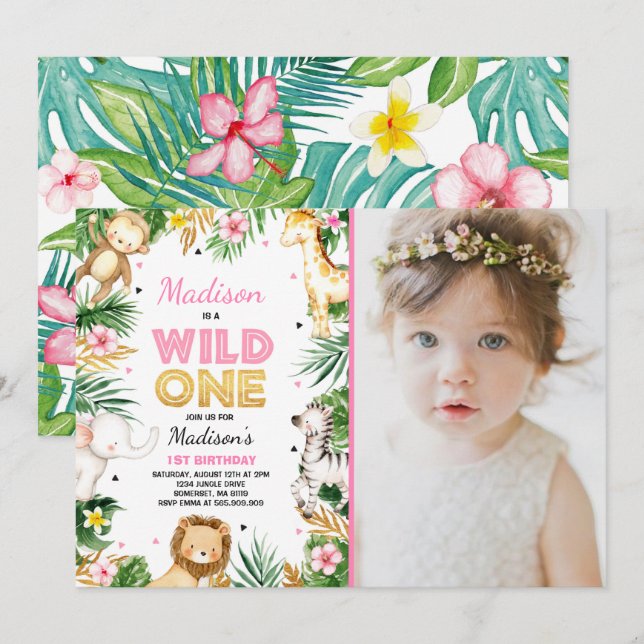 Wild One Birthday Invitation Safari Animals Party (Front/Back)