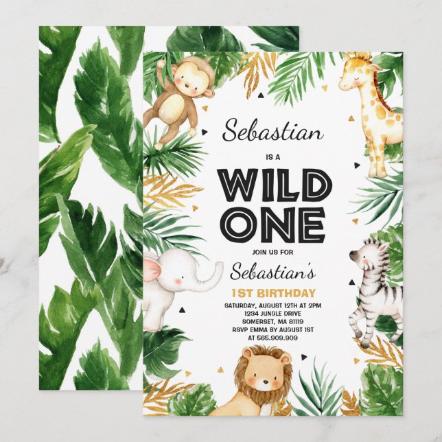 Wild One Birthday Invitation Safari Animals Party (Front/Back)