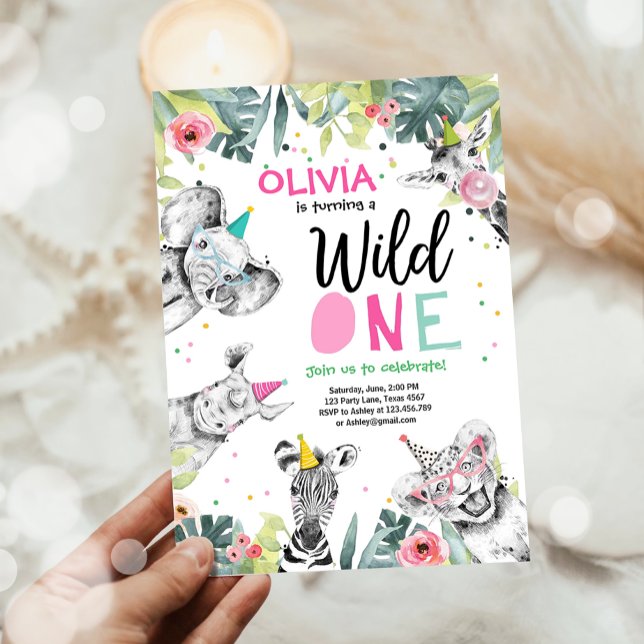 Wild One Birthday Invitation Safari Girl Animals (Creator Uploaded)