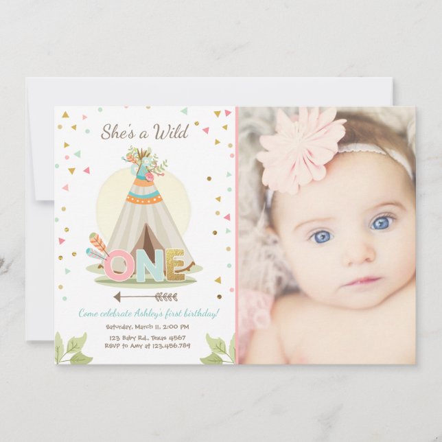 Wild One birthday invitation Teepee Boho Girl (Front)