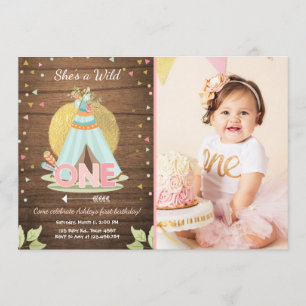 Wild One birthday invitation Teepee Boho Girl Wood