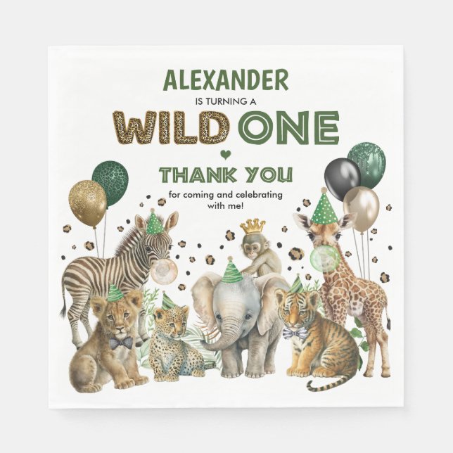 Wild One Birthday Jungle Safari Party Animals Napkin (Front)