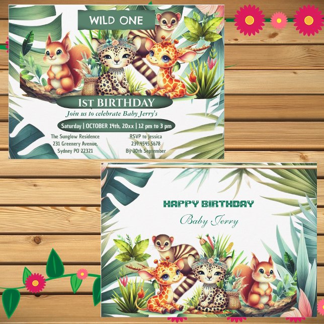 Wild One Birthday Jungle Safari Tropical Greenery  Invitation (Wild One Birthday Jungle Safari Tropical Greenery Invitation)
