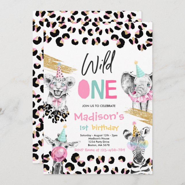 Wild One Birthday Leopard Print Safari Animals Invitation (Front/Back)
