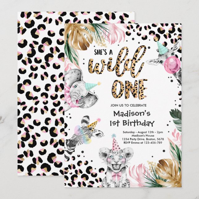 Wild One Birthday Leopard Print Safari Animals Invitation (Front/Back)