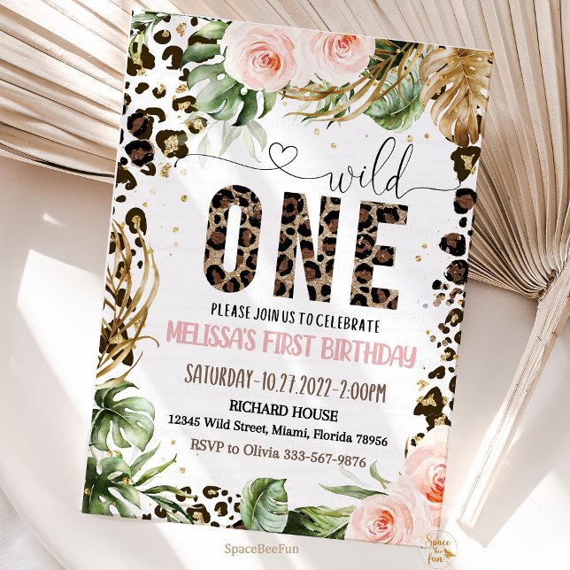 Wild One Birthday Leopard Print Wild Jungle Party  Invitation (safari leopard print birthday, jungle theme birthday, animal print birthday decor, leopard print par)