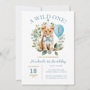 Wild One Birthday Lion Boy Birthday Floral Bow tie Invitation