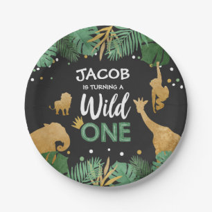 Wild one birthday Paper Plates Safari Animals Gold