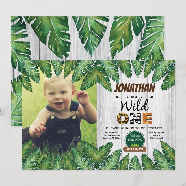 Wild one birthday party photo invitation boy (Front/Back)