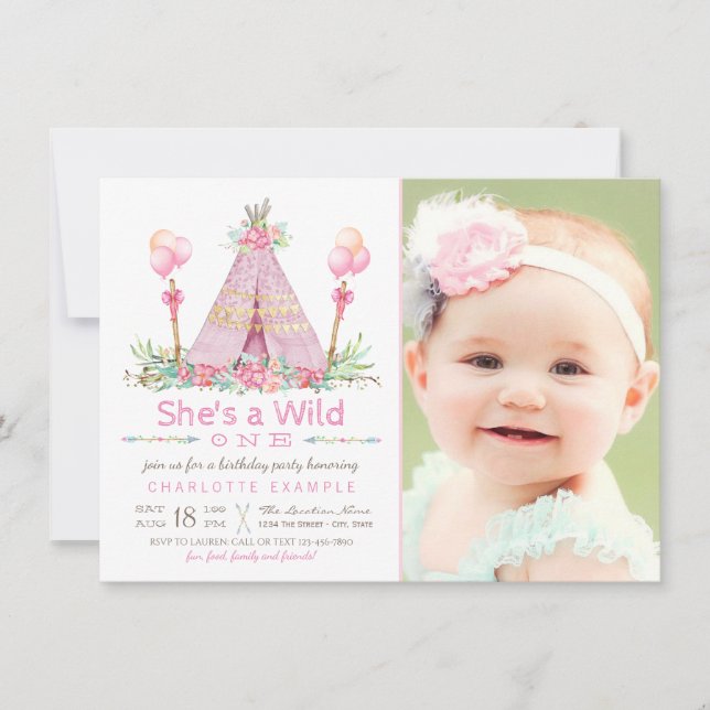Wild One Birthday Party Pink Teepee 1st Birthday Invitation (Front)