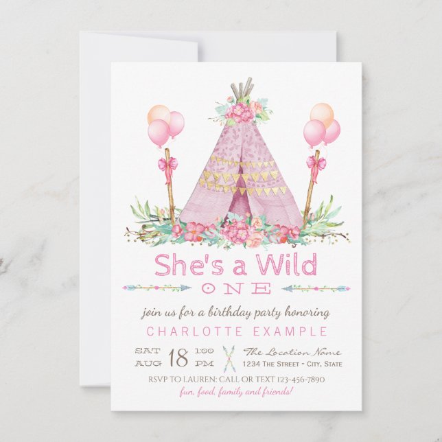 Wild One Birthday Party Pink Teepee First Birthday Invitation (Front)
