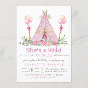 Wild One Birthday Party Pink Teepee First Birthday Invitation
