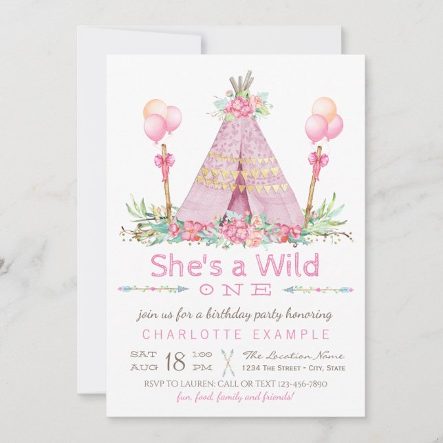 Wild One Birthday Party Pink Teepee First Birthday Invitation (Front)