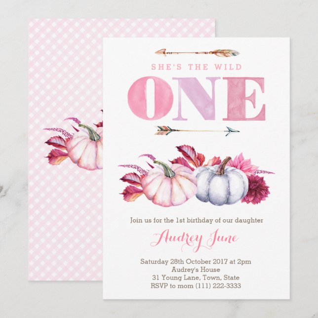 Wild ONE Birthday Party theme, Fall 1st Birthday Invitation (Front/Back)