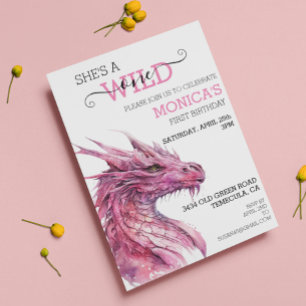 Wild One Birthday Pink Dragon FairyTale Invitation