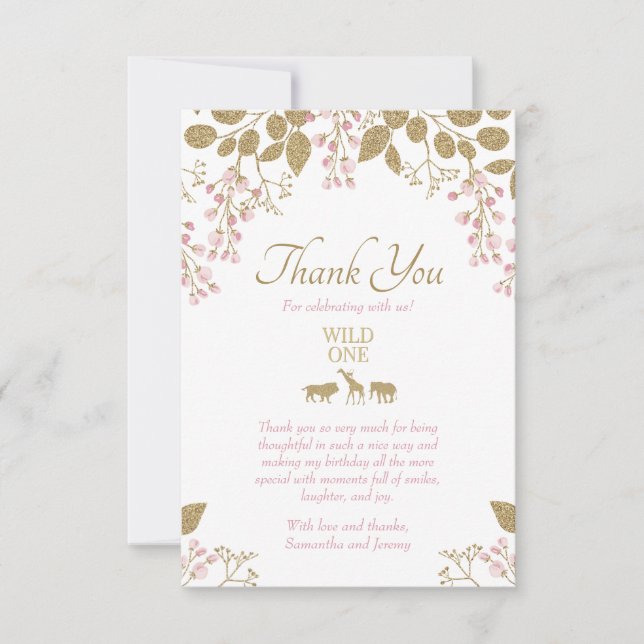Wild One Birthday Pink Gold Thank You Card (Front)