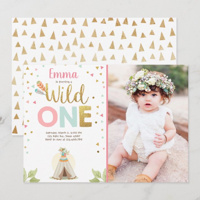 Wild One Birthday Teepee Boho Tribal Pink Girl Invitation (Front/Back)