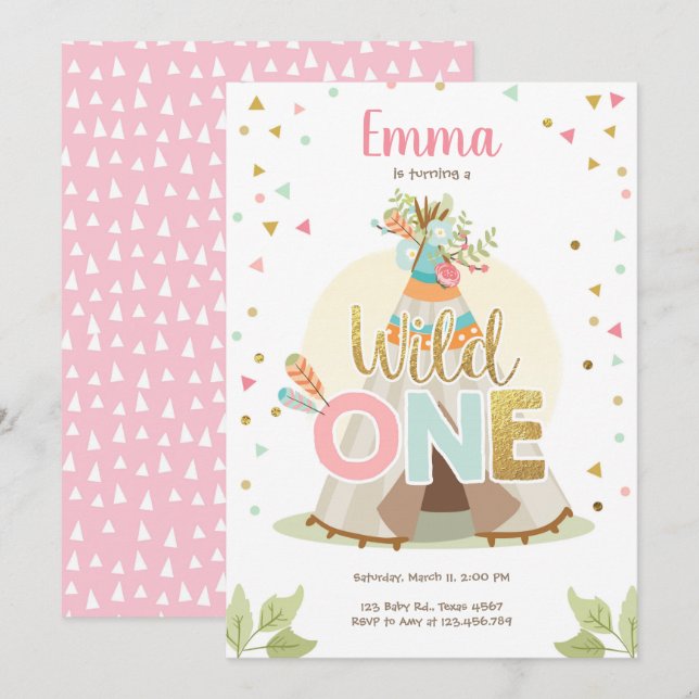 Wild One Birthday Teepee Boho Tribal Pink Girl Invitation (Front/Back)