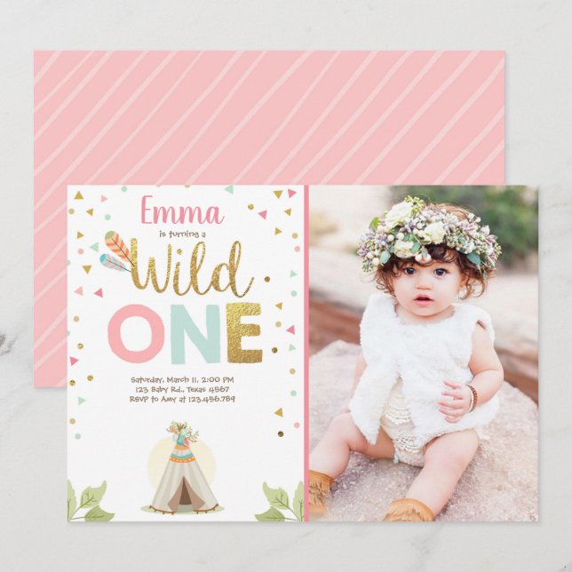 Wild One Birthday Teepee Boho Tribal Pink Girl Invitation (Front/Back)