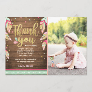 Wild One birthday Thank you card pink gold Girl