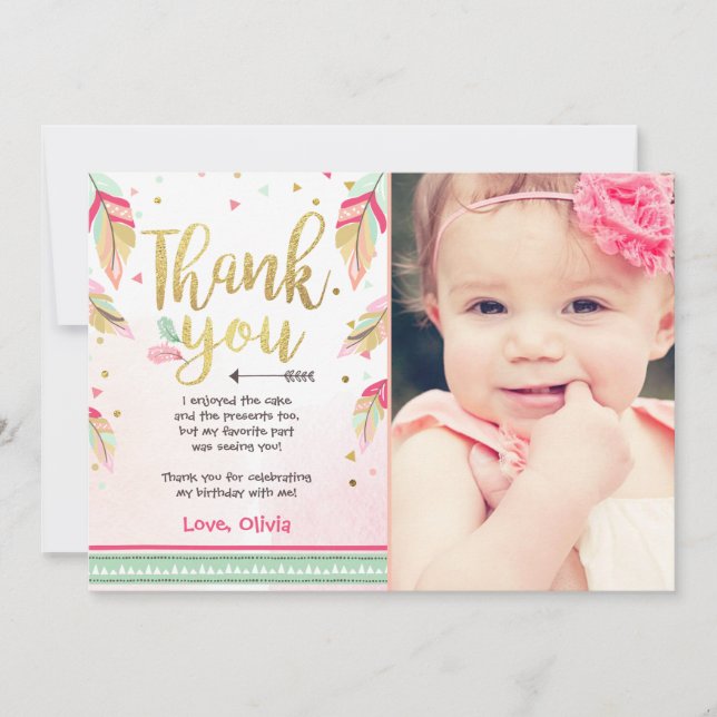 Wild One birthday Thank you card pink gold Girl (Front)