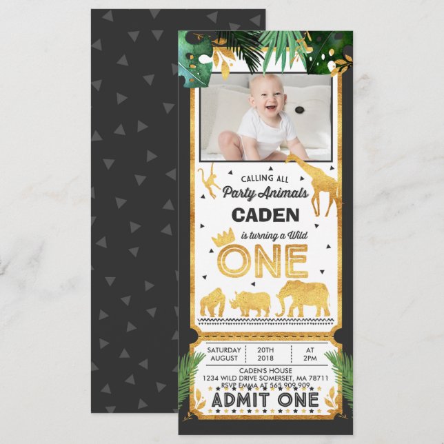 Wild One Birthday Ticket Invitation Jungle Animals (Front/Back)