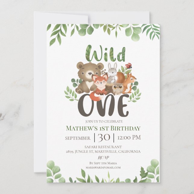 Wild One Birthday Woodland Animals Greenery Invita Invitation (Front)