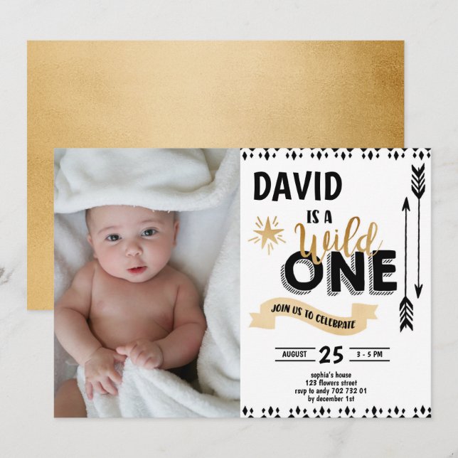 Wild One Black & Gold Boy 1st Birthday Photo Invitation (Front/Back)