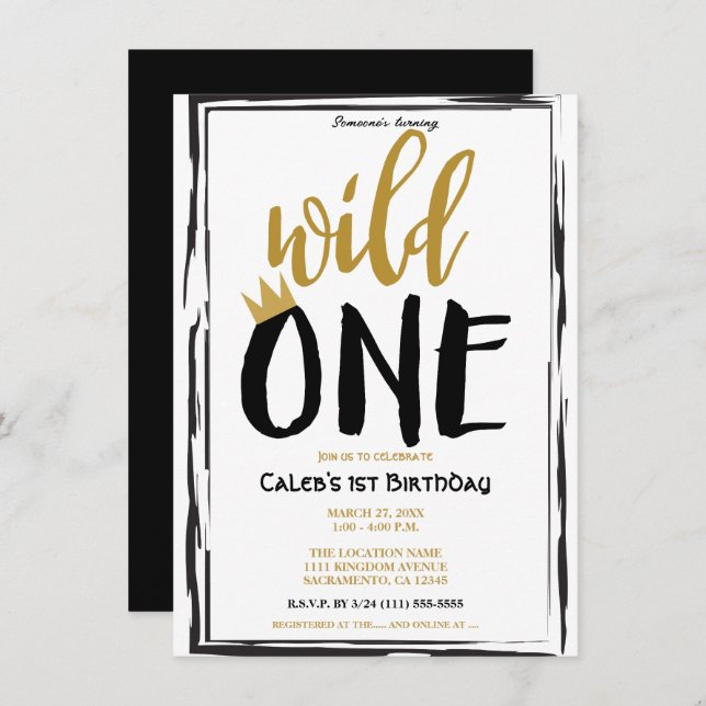 Wild One Black + Gold Photo 1 1st Birthday Invitation (Front/Back)