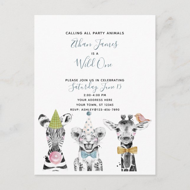Wild One Black White Blue Child's Birthday Party Invitation Postcard (Front)
