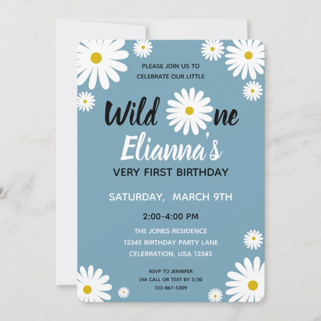Wild ONE Blue Daisy Flower Girl Birthday Invitation (Front)