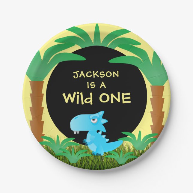 Wild ONE Blue Dinosaur Boy 1st Birthday Paper Plate (Front)