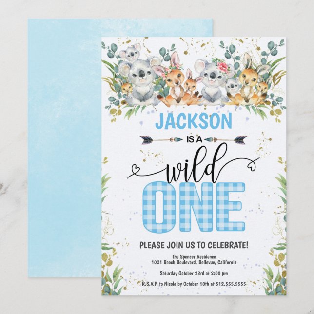 Wild One Blue Gingham Safari 1st Birthday Invitation (Front/Back)