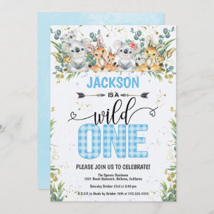 Wild One Blue Gingham Safari 1st Birthday Invitation