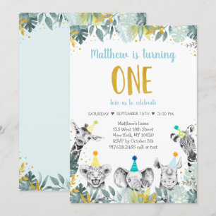 Wild One Blue Gold Party Animal Birthday Invitatio Invitation