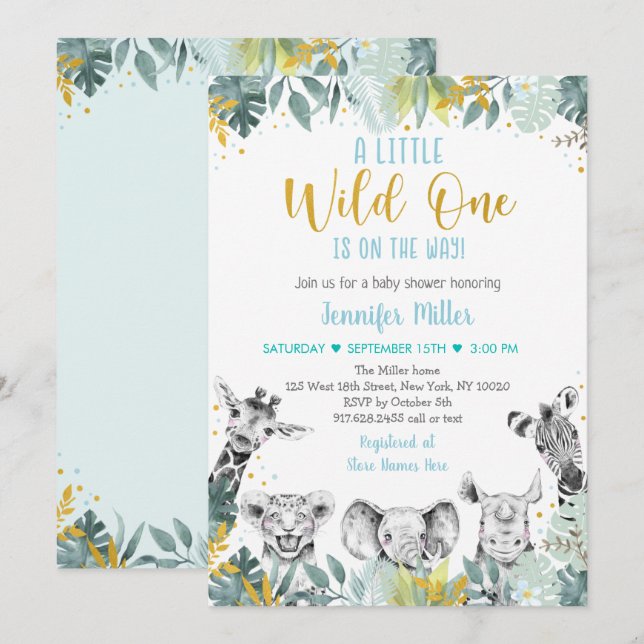 Wild One Blue Gold Safari Baby Shower Invitation (Front/Back)