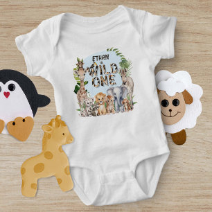 Wild One Blue Jungle Animals 1st Birthday Baby Bodysuit