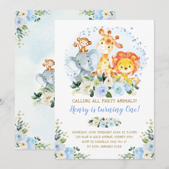 Wild One Blue Jungle Safari Animals 1st Birthday Invitation (Front/Back)