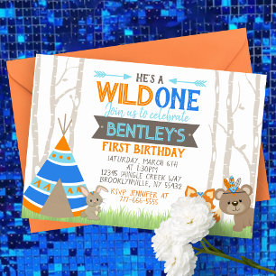 Wild One Blue Teepee Woodland Birthday Invitation