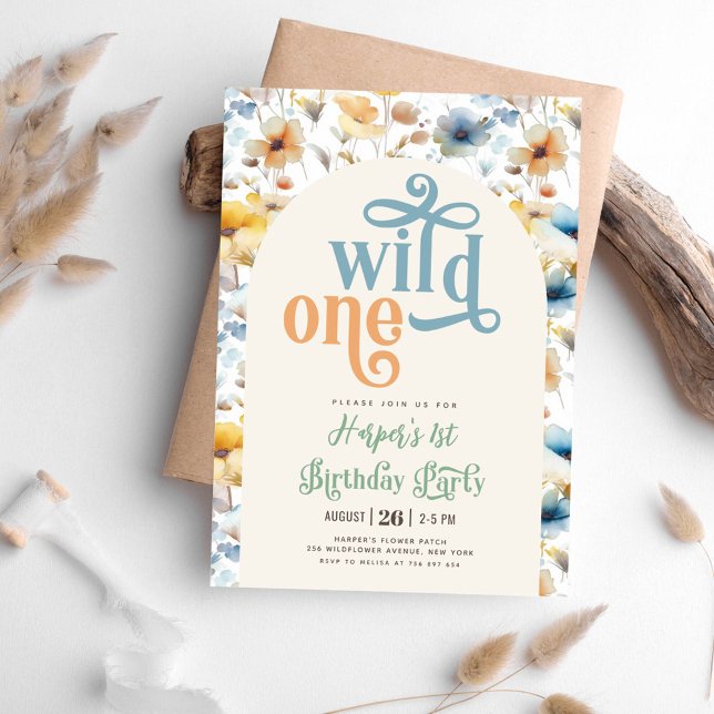 wild one blue yellow wild flower 1st Birthday  Invitation (Creator Uploaded)