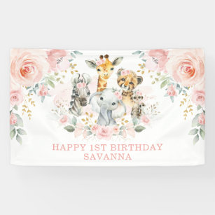Wild One Blush Floral Jungle Birthday Girl Party Banner
