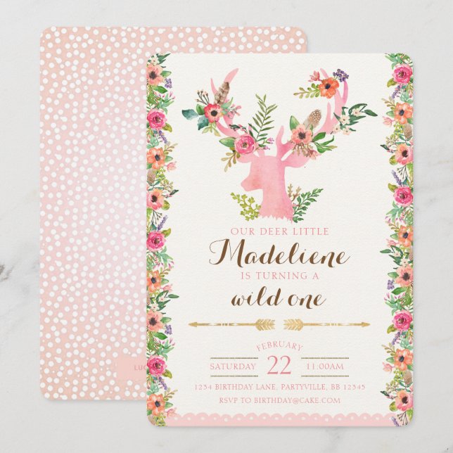 Wild One Boho Antler Birthday Invitation (Front/Back)