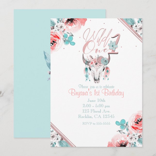 WILD ONE Boho Chic Floral 1st Birthday Invitation (Front/Back)