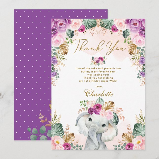Wild One Boho Elephant Pink Purple Floral Birthday Thank You Card (Front/Back)
